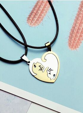 Stainless Steel Love Heart Round Yin Yang Cat Pendant Neckla