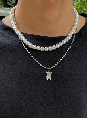 Creative Double Layer Pearl Bear Necklace Man Hip-Hop Simple