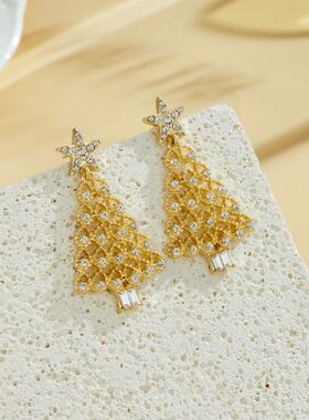 NewSweet Temperament Gold Color Christmas Tree Pendant Earri