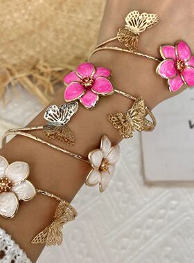 Romantic Pink Enamel Flower Bracelets for Women Gold Color H
