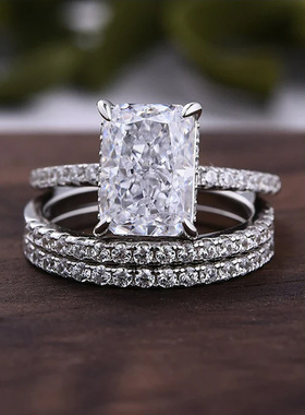 S925 Sterling Silver Super Flash Ice Cut Zircon Ring Set Hig