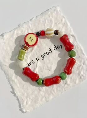 Dopamine Red Ceramic Apple Bead Bracelet Simple Handmade Spl