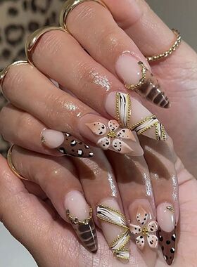 3D fake nails for women girls Gradient brown blue embossed f
