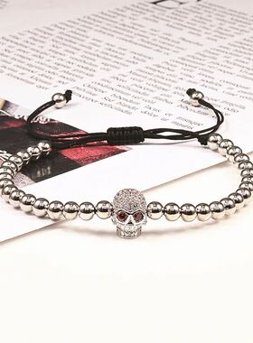 Charm Skull Head Copper Beads Bracelets Handmade Pave CZ Ske