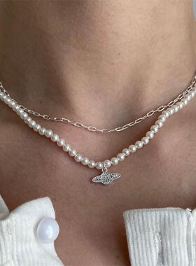 Y2K Jewelry Chain Vintage Crystal Zircon Planet Saturn Pearl