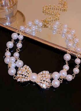Elegant Big Imitation Pearl Necklace French Style Bow Choker