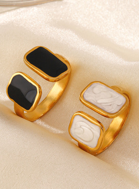 Geometric Square Drop Oil Opening Ring Women's French Retro