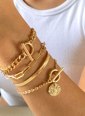 Punk Cuban Link Chain Coin Pendant Bracelet for Women on Han