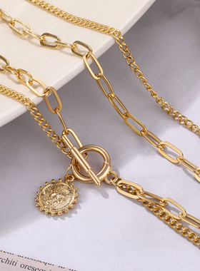 Vintage Carved Coin Thick Chain OT Buckle Necklace Bohemian