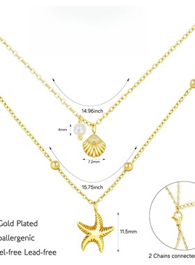 Women Shell Necklace 14k Gold Plated Stainless Steel Layered