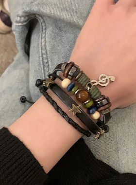Handmade Hippie Design Brown Leather Bracelet Women Metal St
