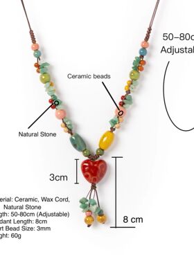 Vintage Heart Ceramic Necklace for Women Handmade Boho Style
