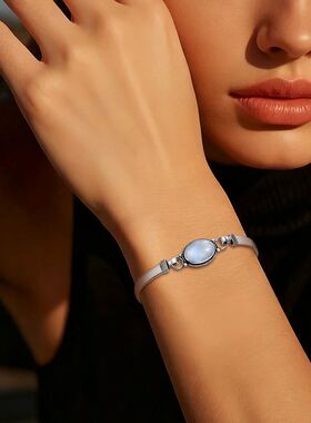 Vintage 925 Silver Natural Oval Moonstone Bangle 7.5 inches
