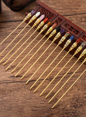 天然水晶精致古风簪子金色合金电泳六角柱水晶发饰头饰盘发发钗