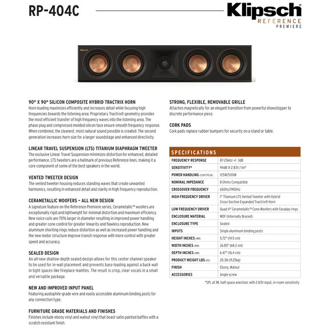 Klipsch RP-404C center passive audio home theater fever hifi speaker high fidelity