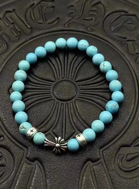 潮款饰品手串男女士手饰手链10mm黑曜石8mm绿松石泰银复古手珠ins