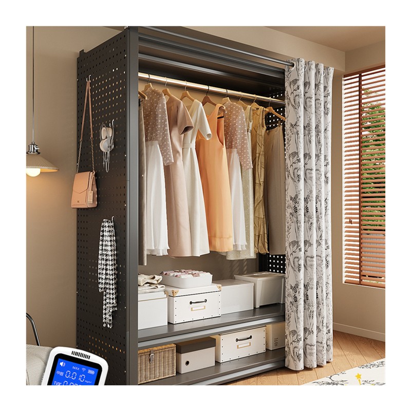 货架衣柜家庭卧室出租房间简单组装钢防尘窗帘挂衣柜孔板衣帽间 - 图3