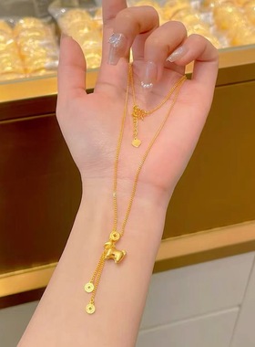 古法沙金马上有钱项链女款防真黄金可爱百搭锁骨链简约送女友礼物