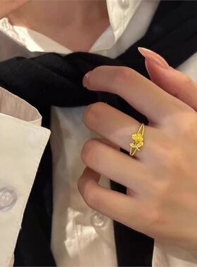 沙金饰品玫瑰花戒指女仿真黄金色小众轻奢高级感设计食指戒送女友