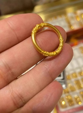 古法卷草纹素圈戒指男女情侣款越南沙金仿真黄金小众设计指环礼物