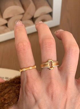 中古风拉丝锁扣元宝戒指女轻奢精致小众设计高级感独特开口指环新