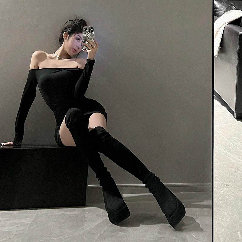 显腿长~网红黑色瘦瘦靴女松糕厚底弹力靴超高跟气质过膝袜靴长靴,淘宝优惠券,粉丝福利购,淘宝优惠卷
