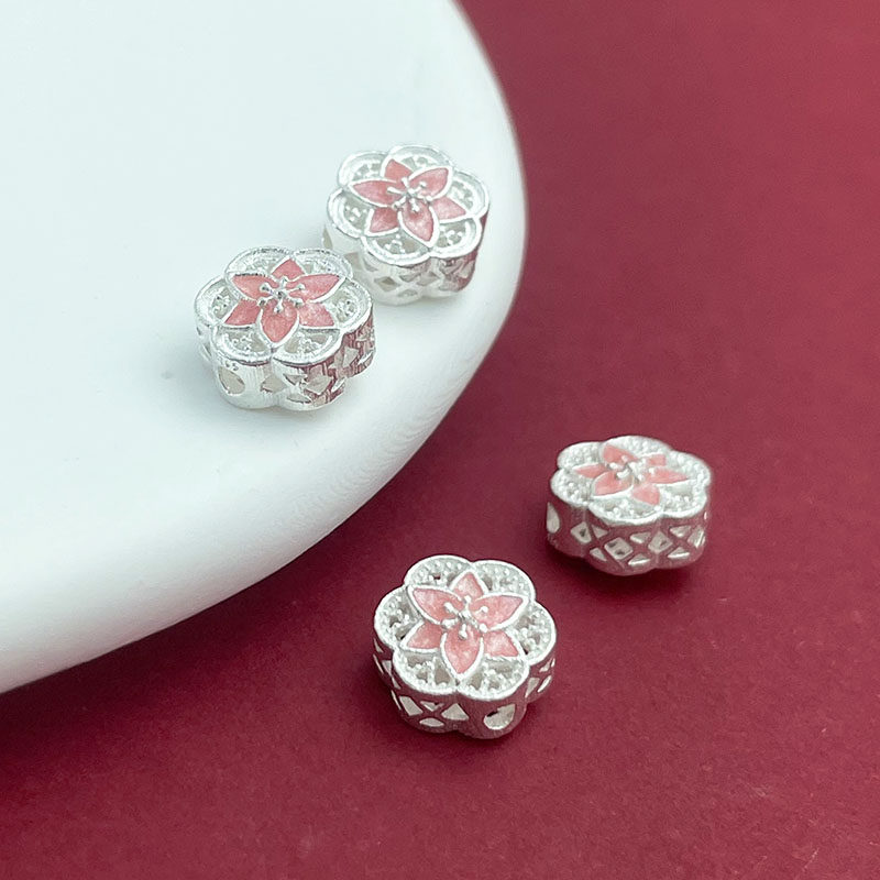 S925纯银滴油珐琅彩桃花花朵隔珠转运珠手工DIY珍珠项链串珠串饰,淘宝优惠券,粉丝福利购,淘宝优惠卷