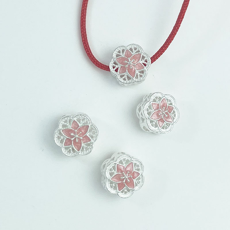 S925纯银滴油珐琅彩桃花花朵隔珠转运珠手工DIY珍珠项链串珠串饰,淘宝优惠券,粉丝福利购,淘宝优惠卷