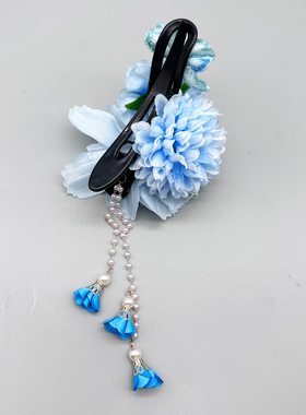 新中式蓝色花朵流苏汉服发夹