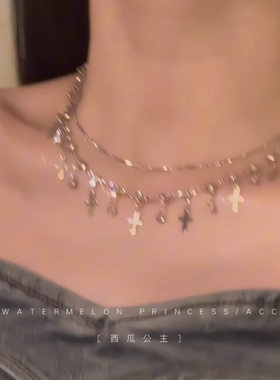 「辣妹十字架」双层叠戴项链女款2025新款爆款锁骨链夏天颈链配饰