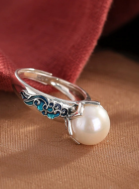 中国风烧蓝锦鲤祥云戒指女款国潮复古做旧珐琅工艺活口可调节指环