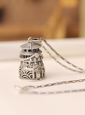 可打开阁楼香囊吊坠女中国风复古镀银项坠挂件佩戴香丸项链项链