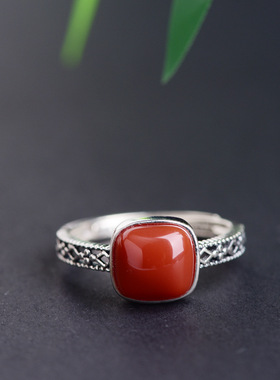 复古蕾丝镂空方糖戒指新中式国风红色食指指环活口可调节百搭饰品