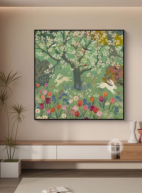 兰台图景绿色兔子客厅装饰画中古