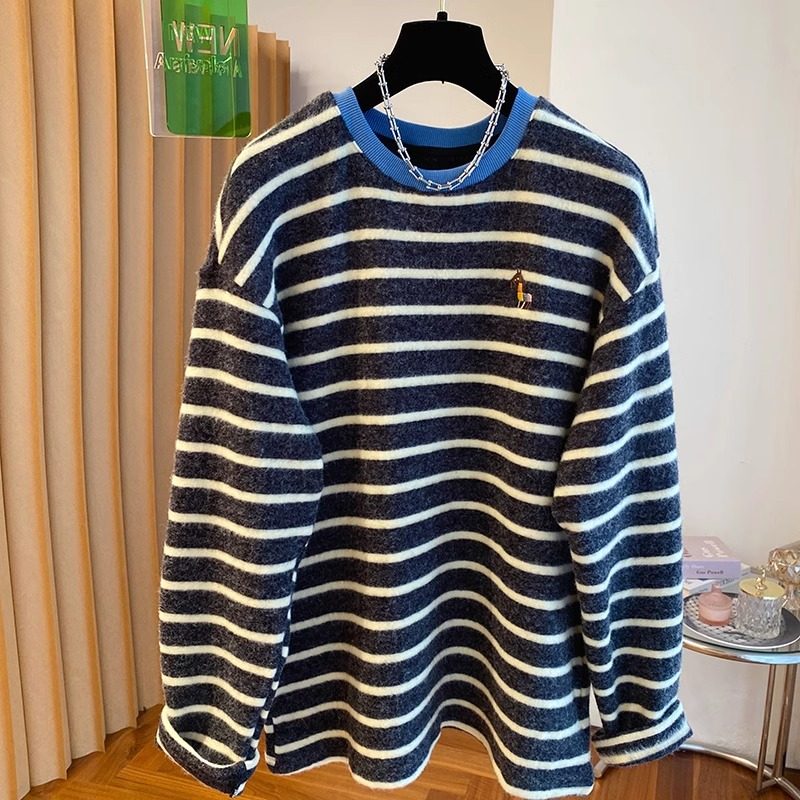 外贸出口余单高级感刺绣撞色条纹加绒磨毛长袖打底衫女冬软糯上衣,淘宝优惠券,粉丝福利购,淘宝优惠卷