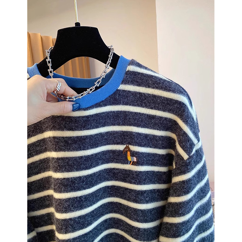 外贸出口余单高级感刺绣撞色条纹加绒磨毛长袖打底衫女冬软糯上衣,淘宝优惠券,粉丝福利购,淘宝优惠卷