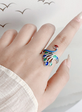 新款新中式珐琅彩色孔雀戒指活口