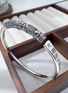 镀925银新品复古亮旧圆棍如意金箍棒个性风潮镯子 开口高级手镯