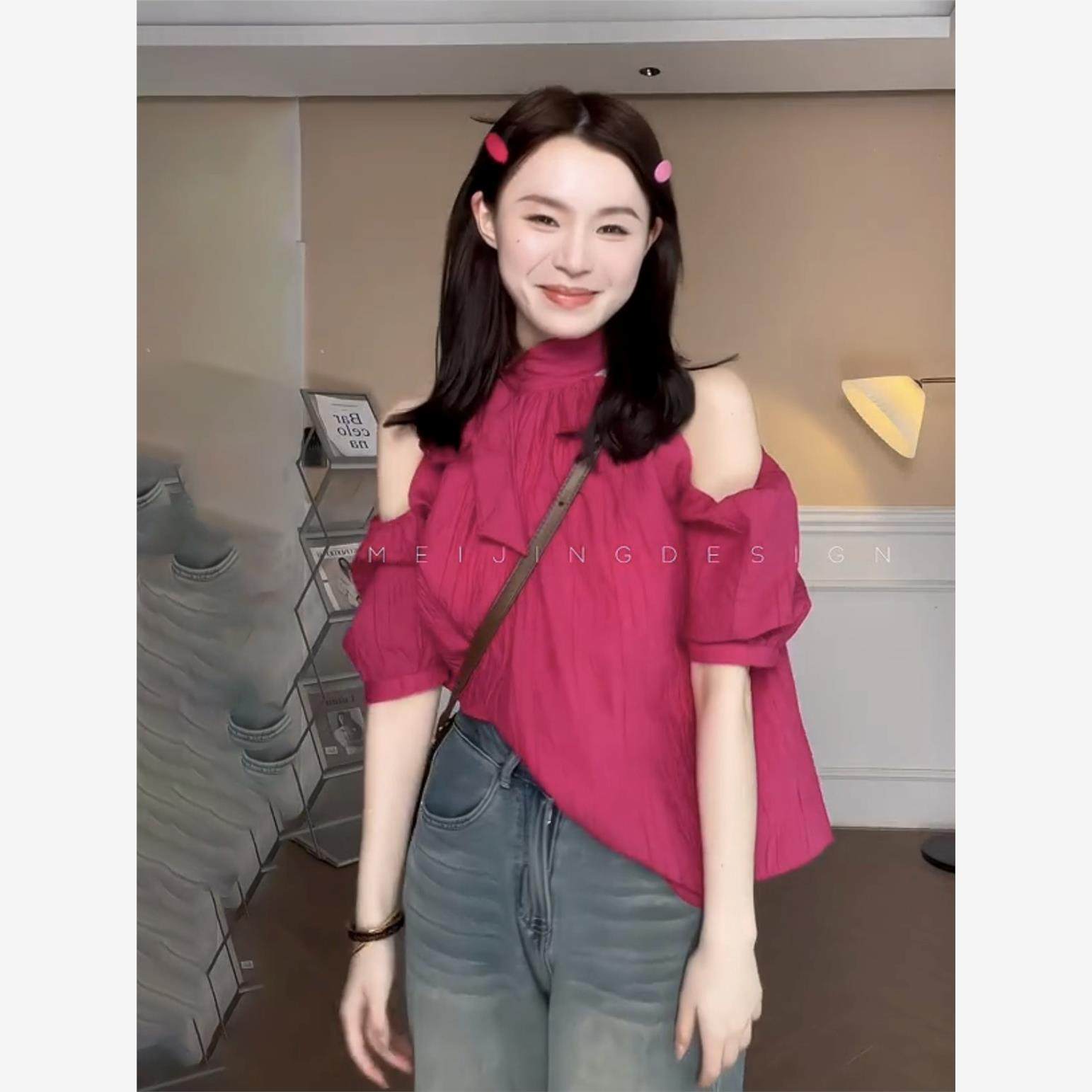 设计感小众甜美挂脖露肩衬衫女夏季2024新款法式别致泡泡袖娃娃衫,淘宝优惠券,粉丝福利购,淘宝优惠卷