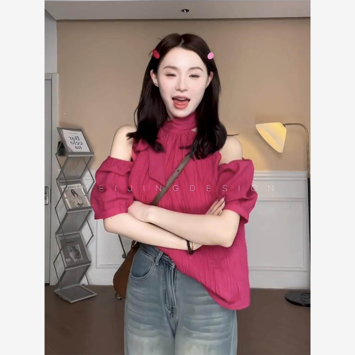 设计感小众甜美挂脖露肩衬衫女夏季2024新款法式别致泡泡袖娃娃衫,淘宝优惠券,粉丝福利购,淘宝优惠卷