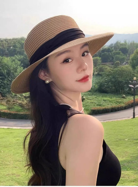 赫本风新款法式平顶草帽女款夏季海边度假大檐编织防晒帽子沙滩帽