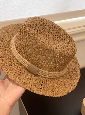 老钱风镂空编织平顶草帽女夏法式复古沙滩度假礼帽户外防晒遮阳帽