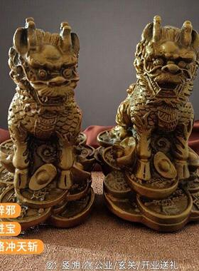 铜麒麟摆件公母一对镇宅招财壁刀路冲子嗣窗台书房办公室反弓天斩