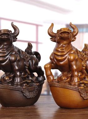 实木雕牛招财饰品，生肖牛客厅，高端办公室老板办公桌装饰工艺品