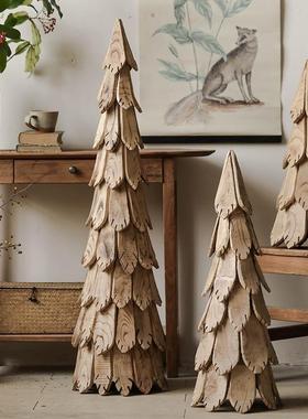 圣诞树装饰小型木片松树海马体客厅实木落地木质摆件圣诞节造景