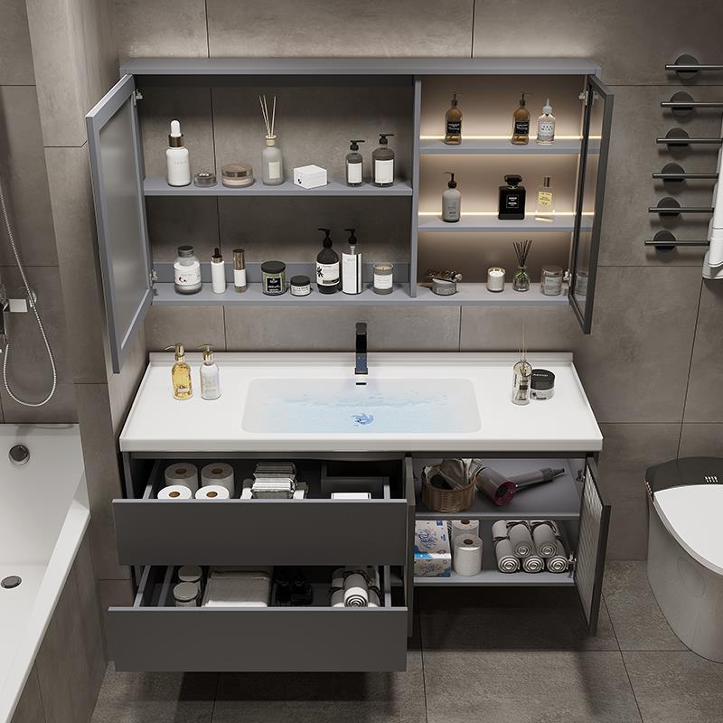 现代简约智能浴室柜玻璃门化妆室洗手盆实木洗脸盆陶瓷一体盆组合 - 图2