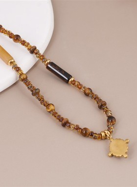 爆款美拉德风黄虎石吊坠不锈钢项链真空电镀14k金跨境轻奢虎眼石