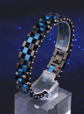 欧美黑色蓝色手链钛钢 男士霸气手链 个性潮流简约手链男士