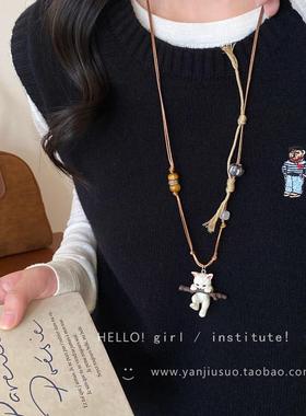 可爱沙皮狗猫咪皮绳吊坠项炼女小众设计感长款毛衣炼挂脖百搭配饰