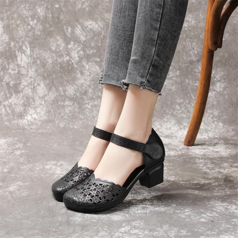 夏季新款包头凉鞋女百搭一字扣中空圆头中跟粗跟小皮鞋镂空妈妈鞋,淘宝优惠券,粉丝福利购,淘宝优惠卷
